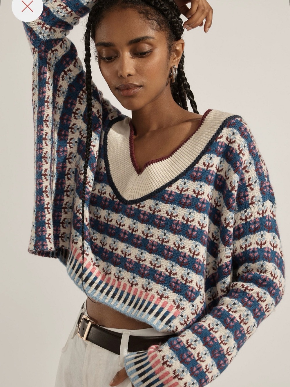 Maeve Cropped Fair Isle V-Neck Sweater in Blue, Cream and Pink